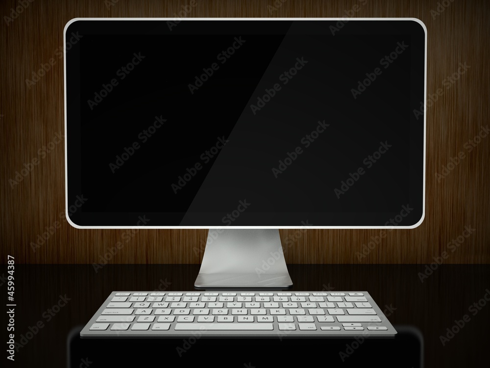 台式电脑屏幕，无线键盘