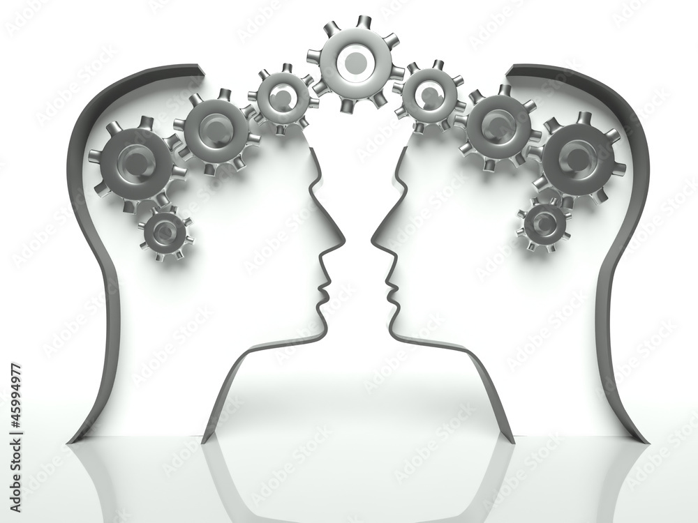 Brains made of gears in heads, concept of teamwork