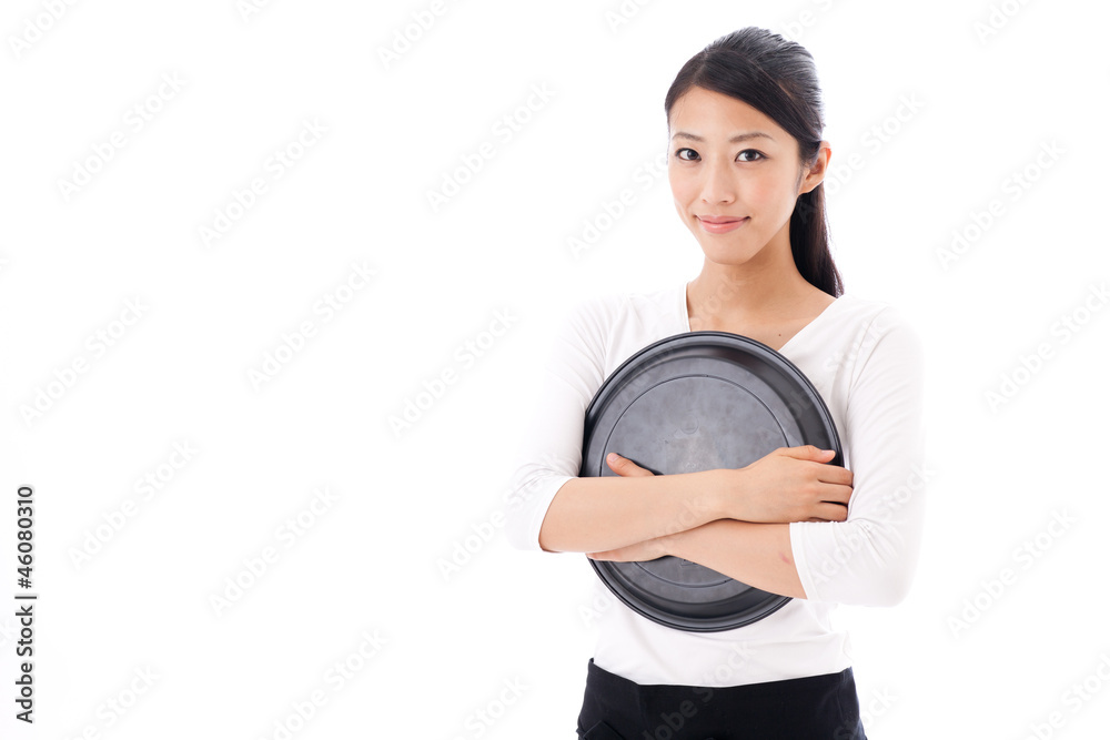 a young asian waitress on white background