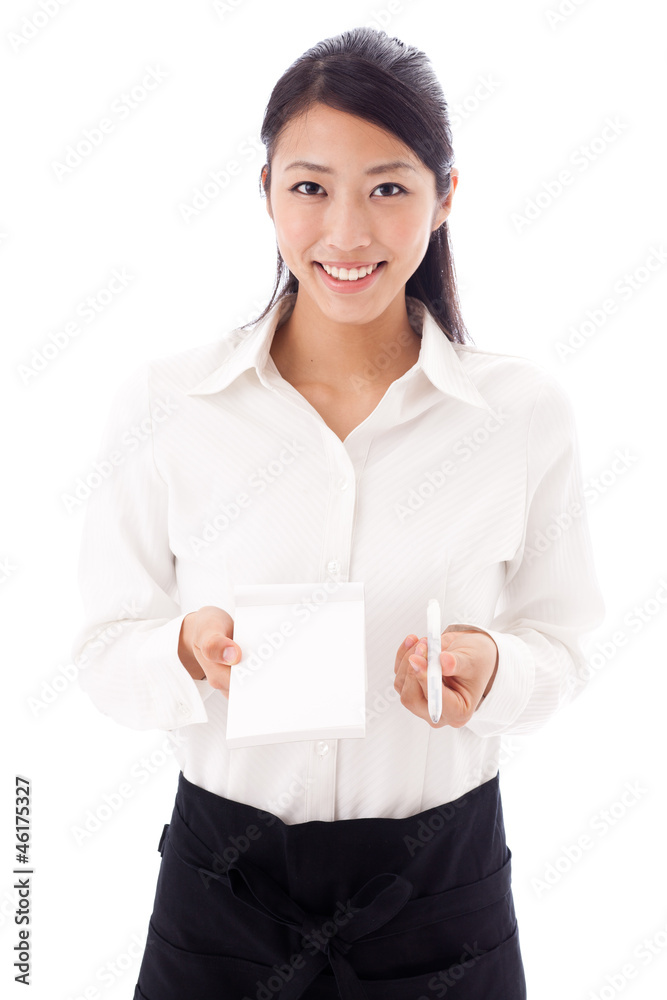asian waitress working on white background