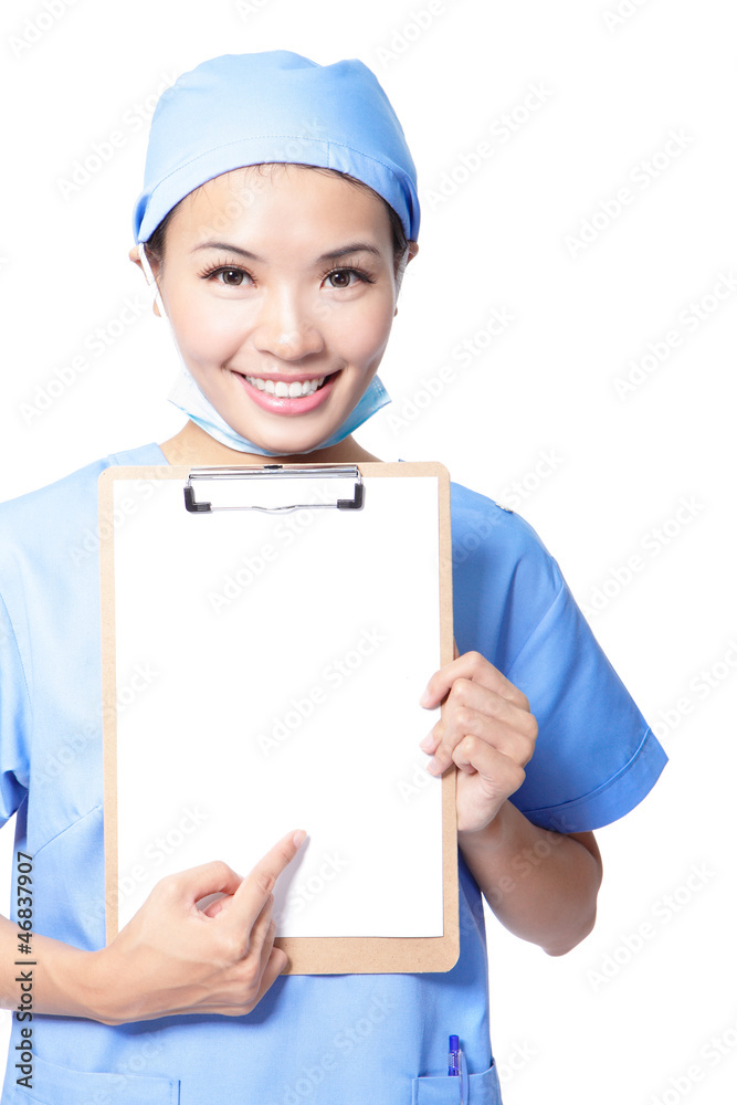 woman doctor finger pointing blank clipboard