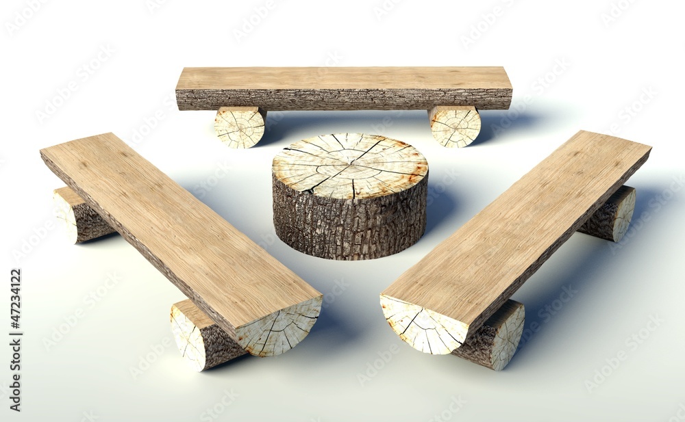 树干制成的木制长凳和桌子