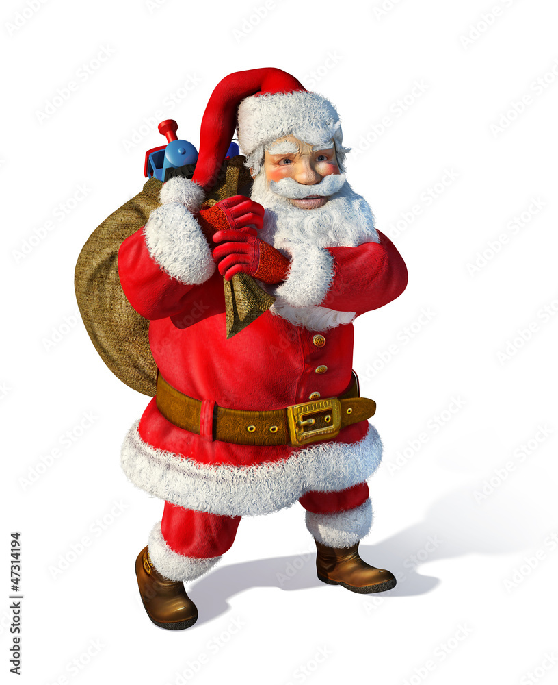 Santa Claus walking on white surface.