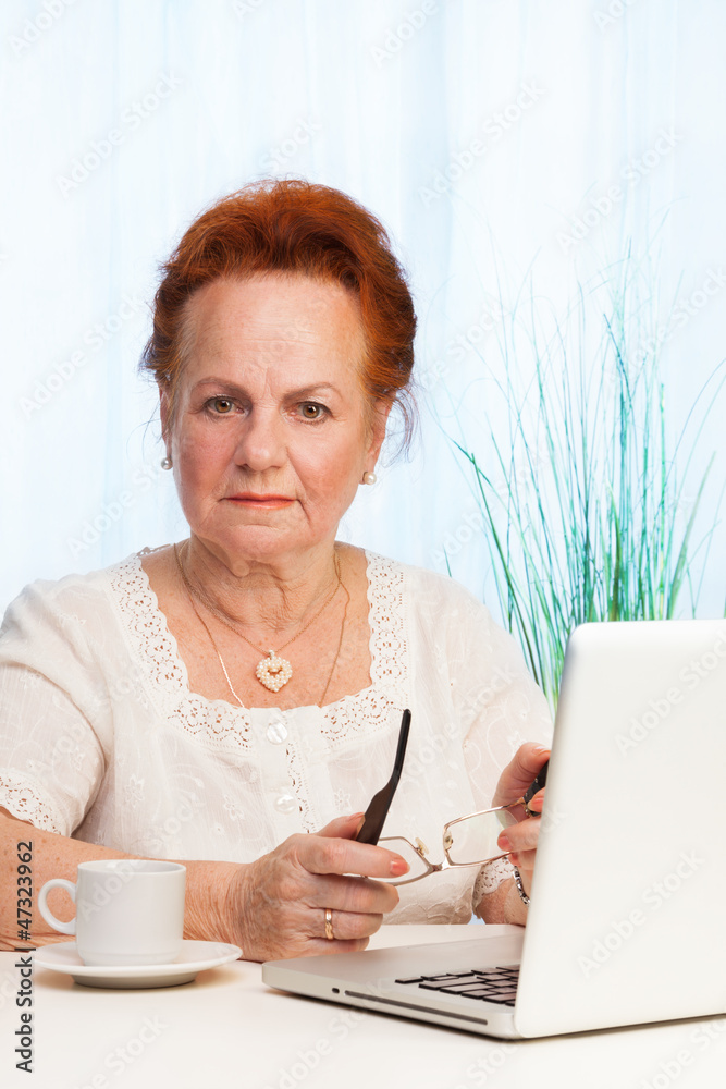 老妇人拿着笔记本电脑坐着