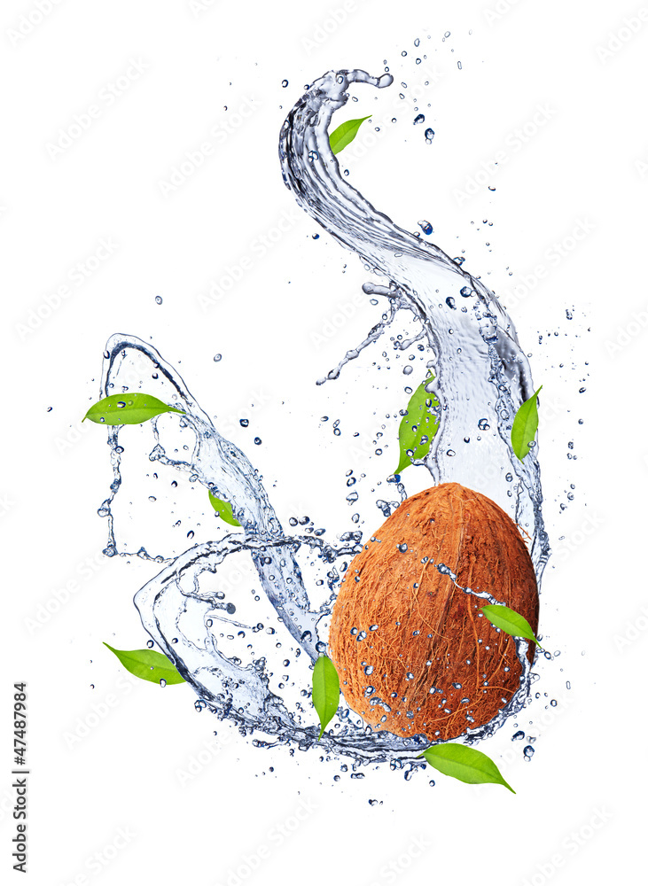 Coconut in water splash, isolated on white background