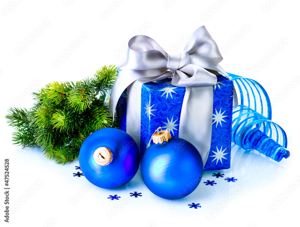 Christmas Gift Box and Decorations isolated on White Background