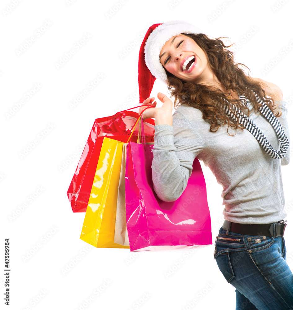 圣诞购物。白色包包女人。销售