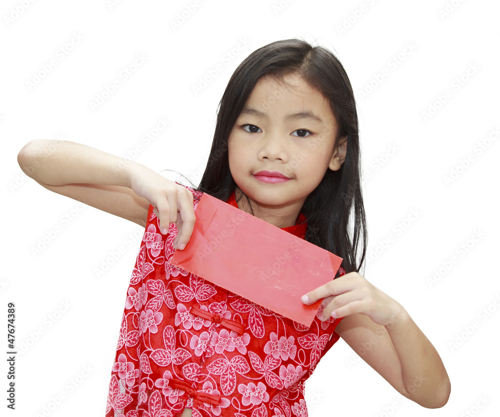 亚洲女孩拿着红包，中国新年主题