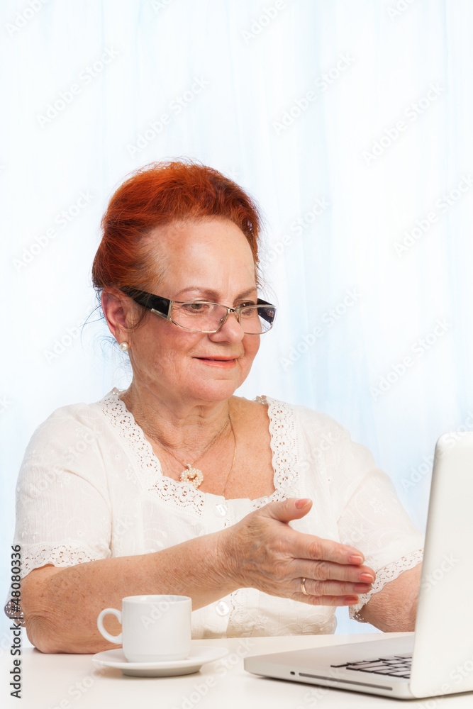 退休妇女指着笔记本电脑屏幕