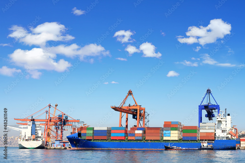 海港中的货船、集装箱和起重机