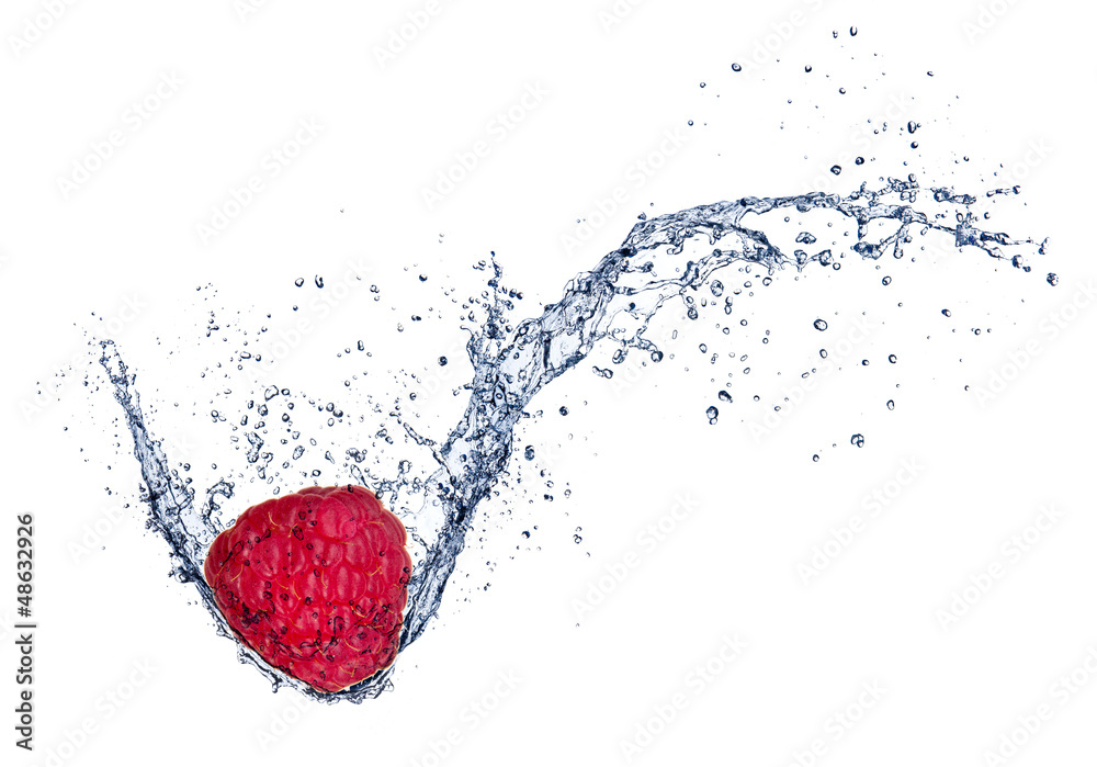 Fresh raspberry in water splash, isolated on white background