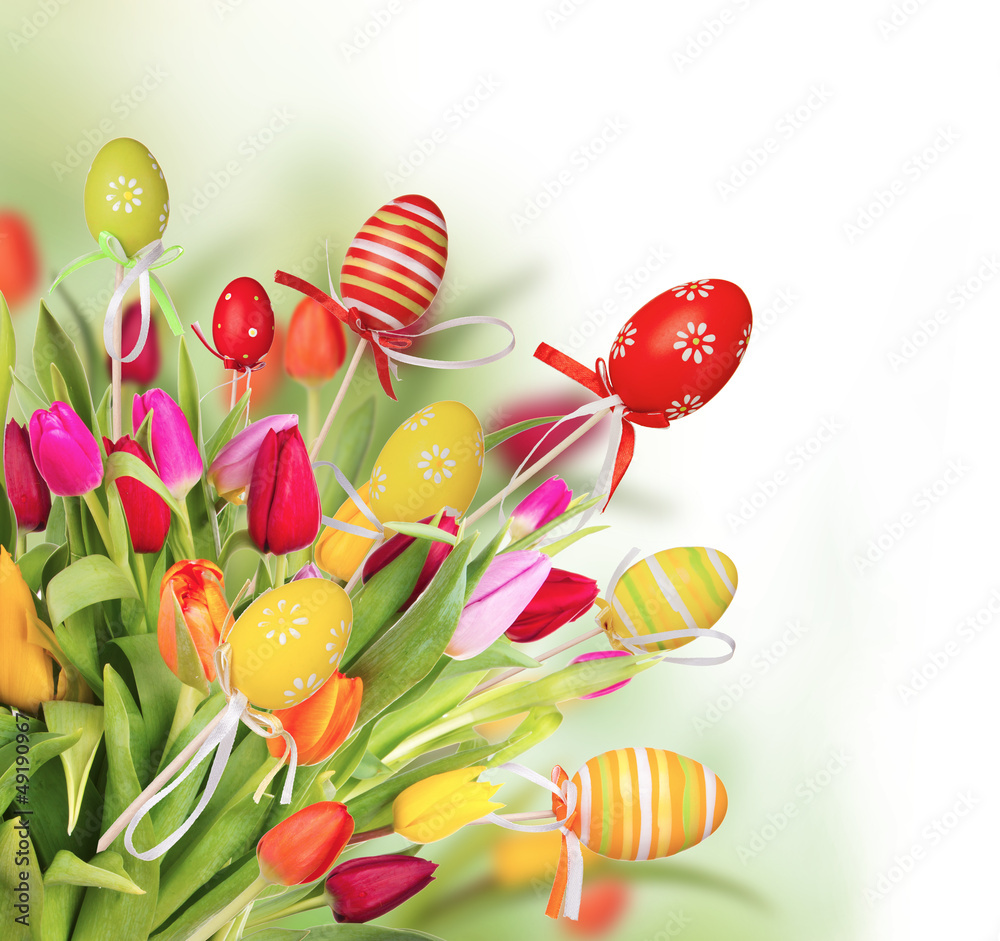 Easter tulips with colored eggs