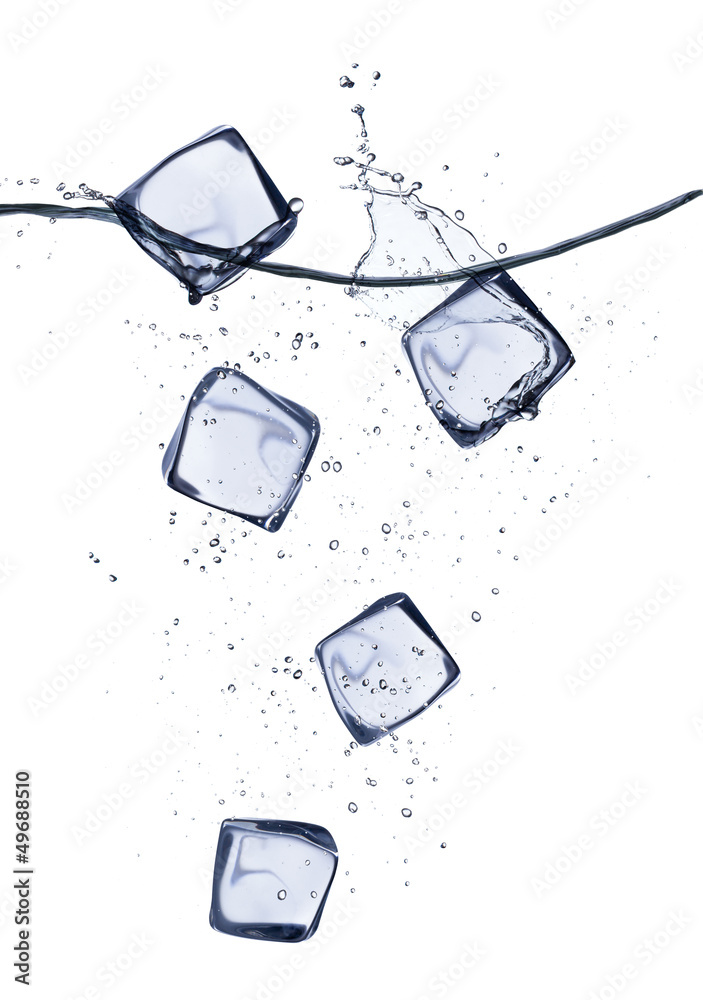 Collection of ice cubes with water splash on white background