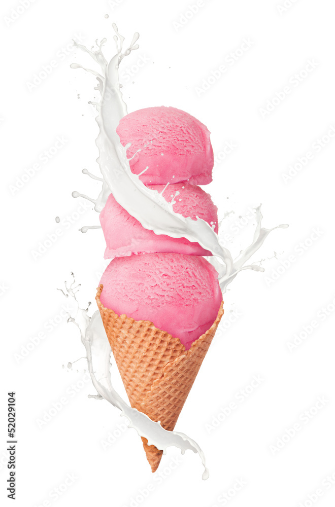 Ice cream with milk splash, isolated on white background