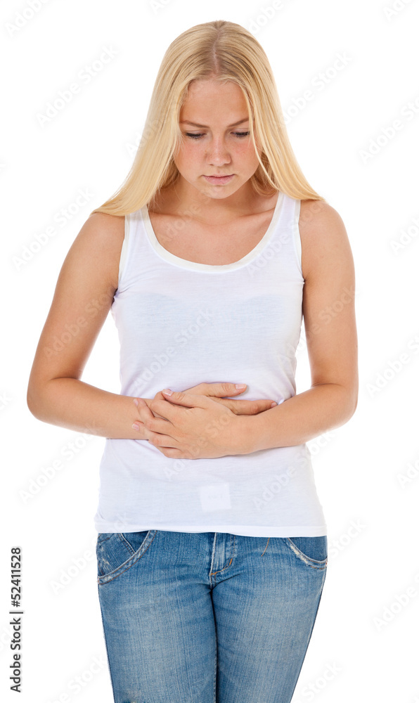 Attraktive junge Frau klagt über Bauchschmerzen