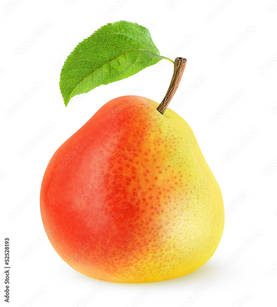 离体梨。一个完整的新鲜黄红色梨果实，叶片离体在白色背景上