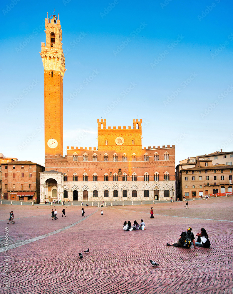 Piazza del Campo with Torre del Mangia at sunset, Siena, Tuscany