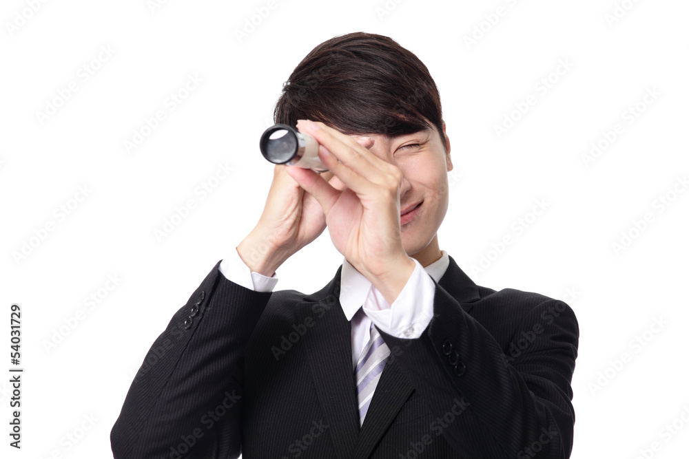 Businessman with telescope looking forward
