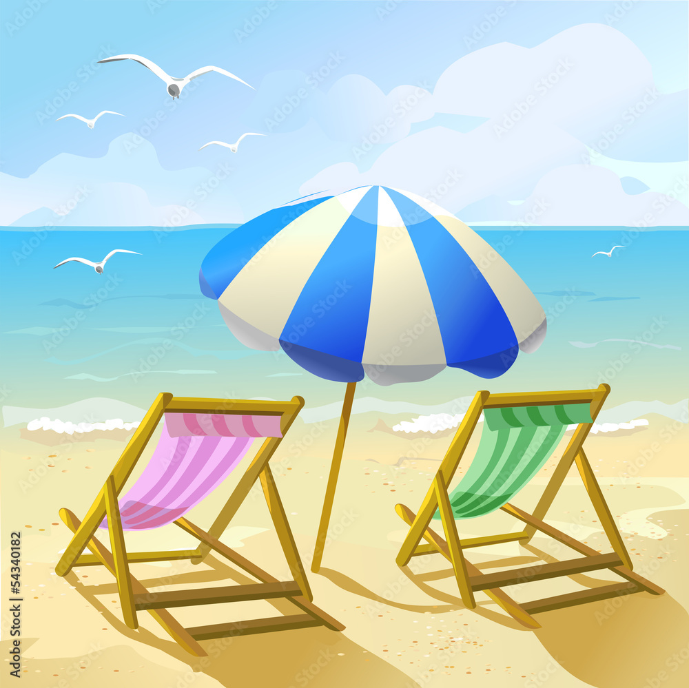带遮阳伞和两把躺椅的海滩