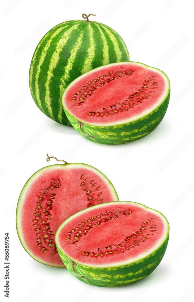 隔离的西瓜。两张白色背景上隔离的西瓜切片图像