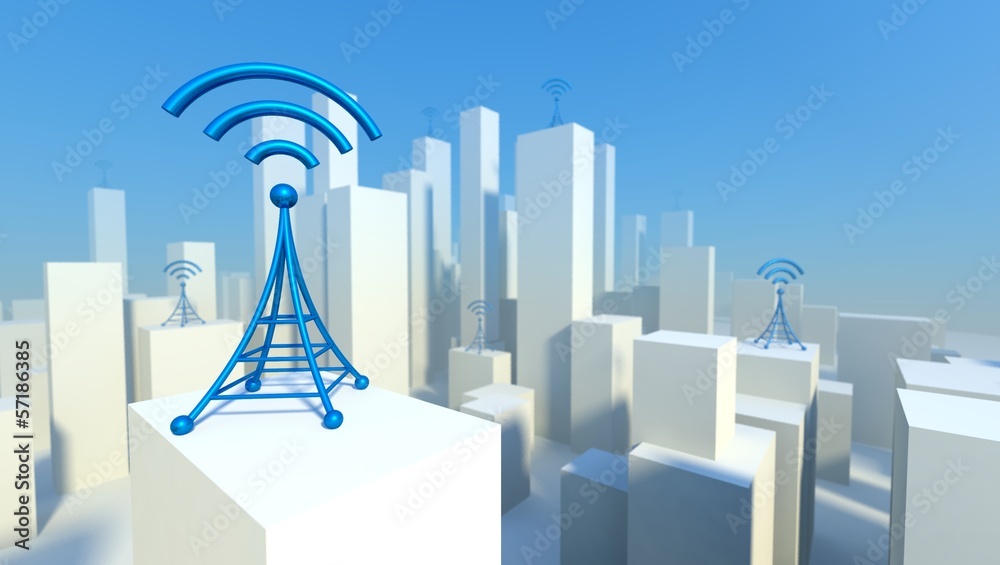 城市中的3d无线网络，带wifi塔，概念