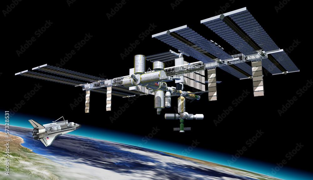 绕地球轨道上的空间站，带航天飞机。