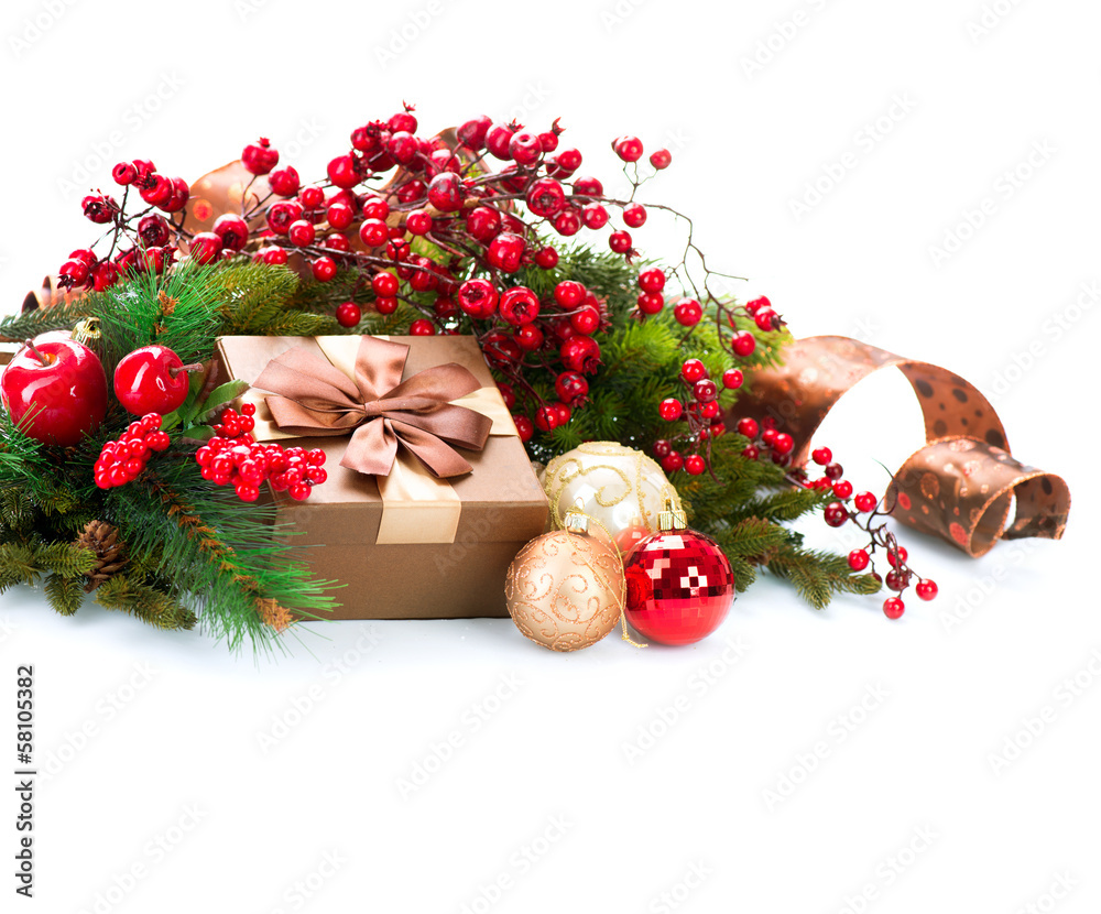 Christmas Decorations and Gift Box Isolated on White