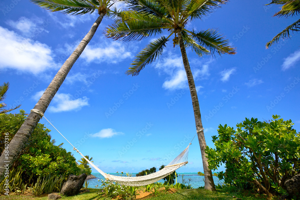 毛里求斯岛热带海滩上的吊床