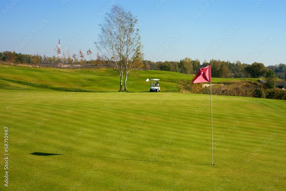 带高尔夫球车的高尔夫球场绿地
