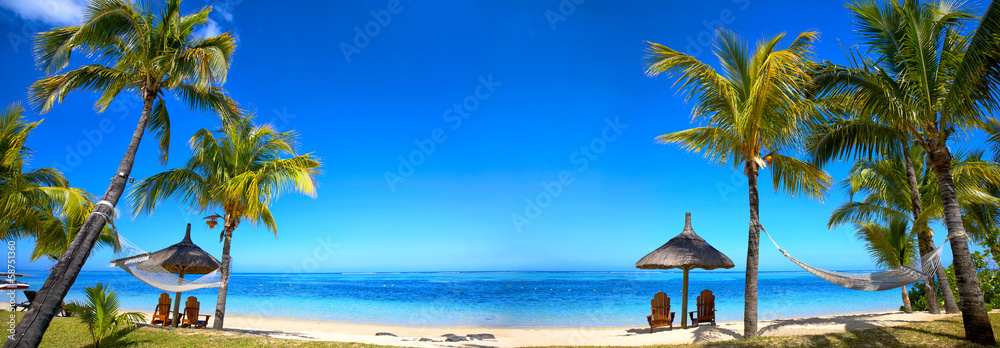 带椅子和雨伞的热带海滩全景