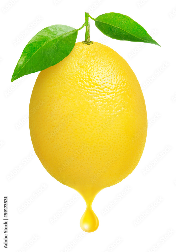 分离的柠檬。一种新鲜的柠檬水果，在白色背景上分离出一滴果汁