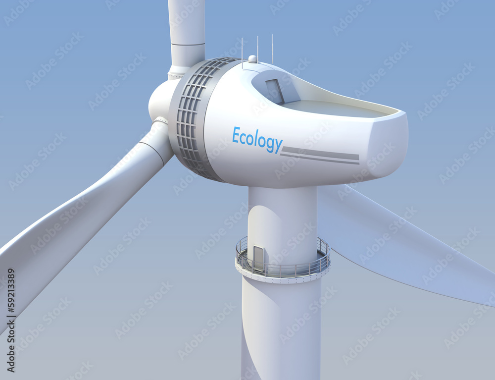 风力涡轮机的后视图。具有剪切路径的3D渲染。