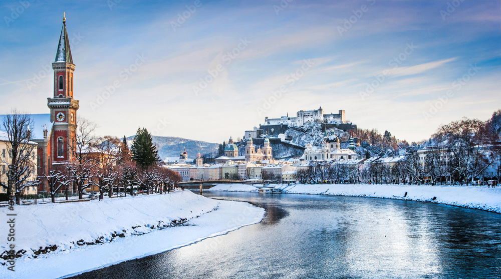 Historic city of Salzburg with river Salzach in winter, Austria