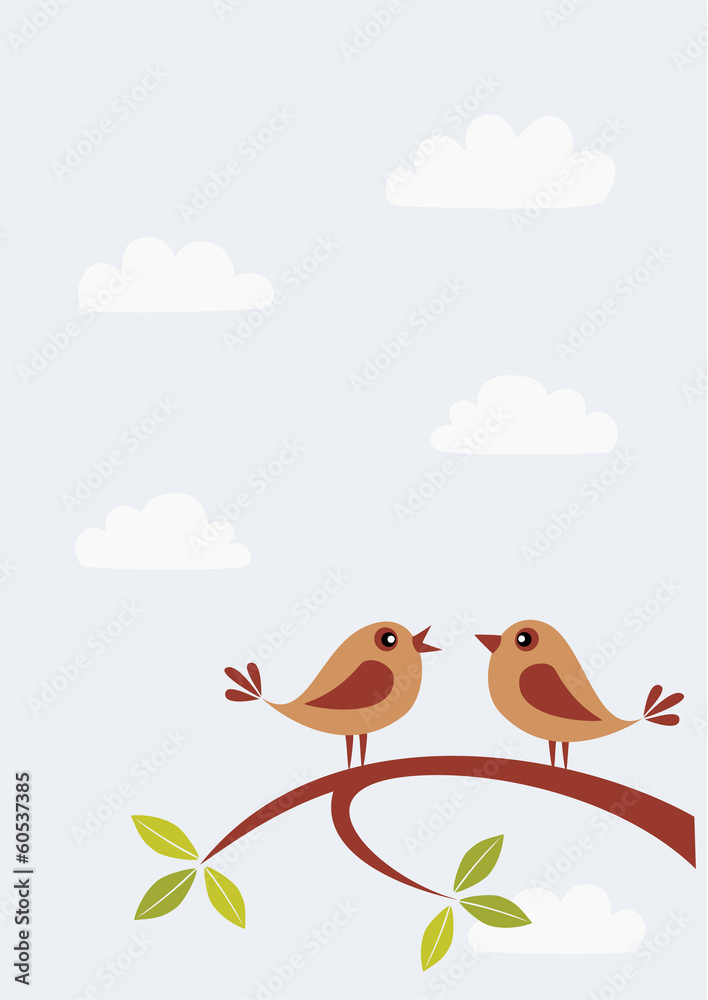 Two birds on branch speaking. Copy space.