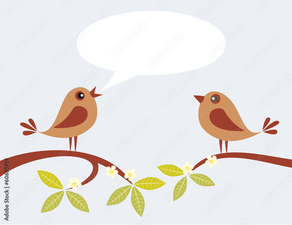 两只可爱的小鸟在春天的树枝上说话。