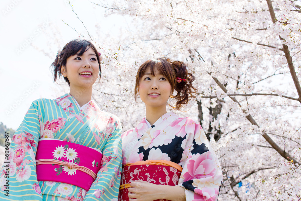 日本和服女人和樱花