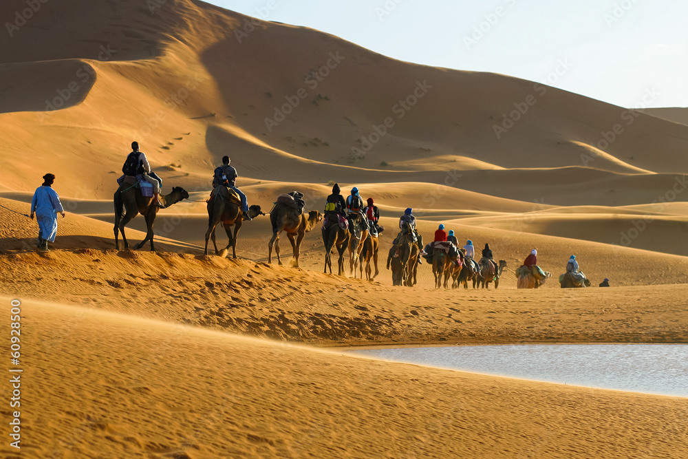 骑着骆驼的游客大篷车经过沙漠湖