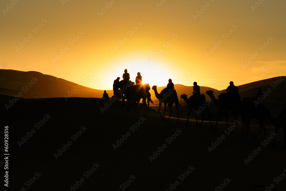 游客骑骆驼在沙丘上的剪影