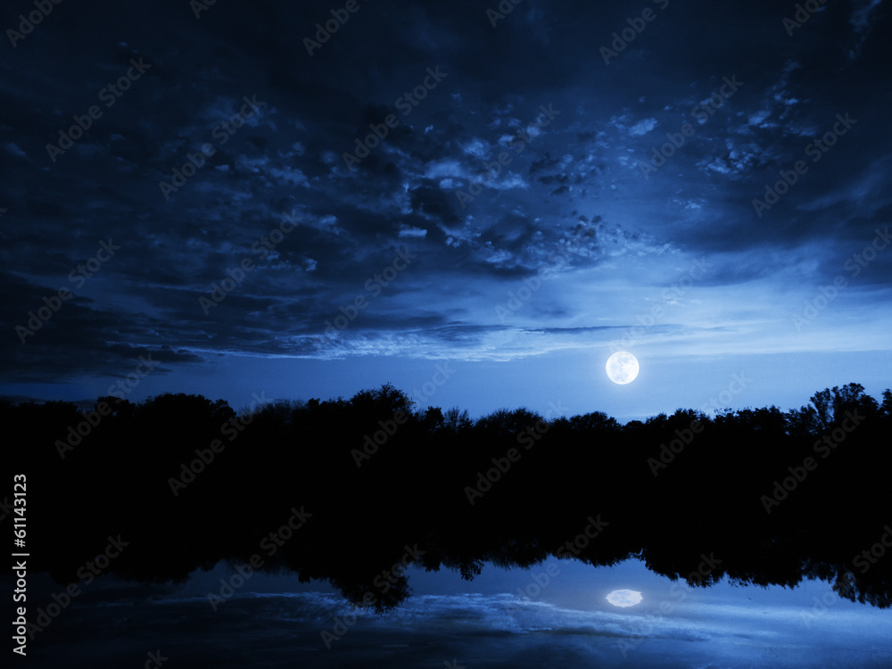 戏剧性的月亮升起，深蓝色的天空、湖泊的倒影和云朵