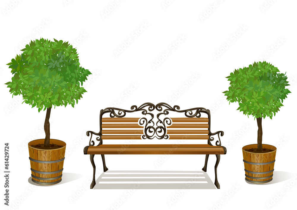 bench and trees in pots isolated