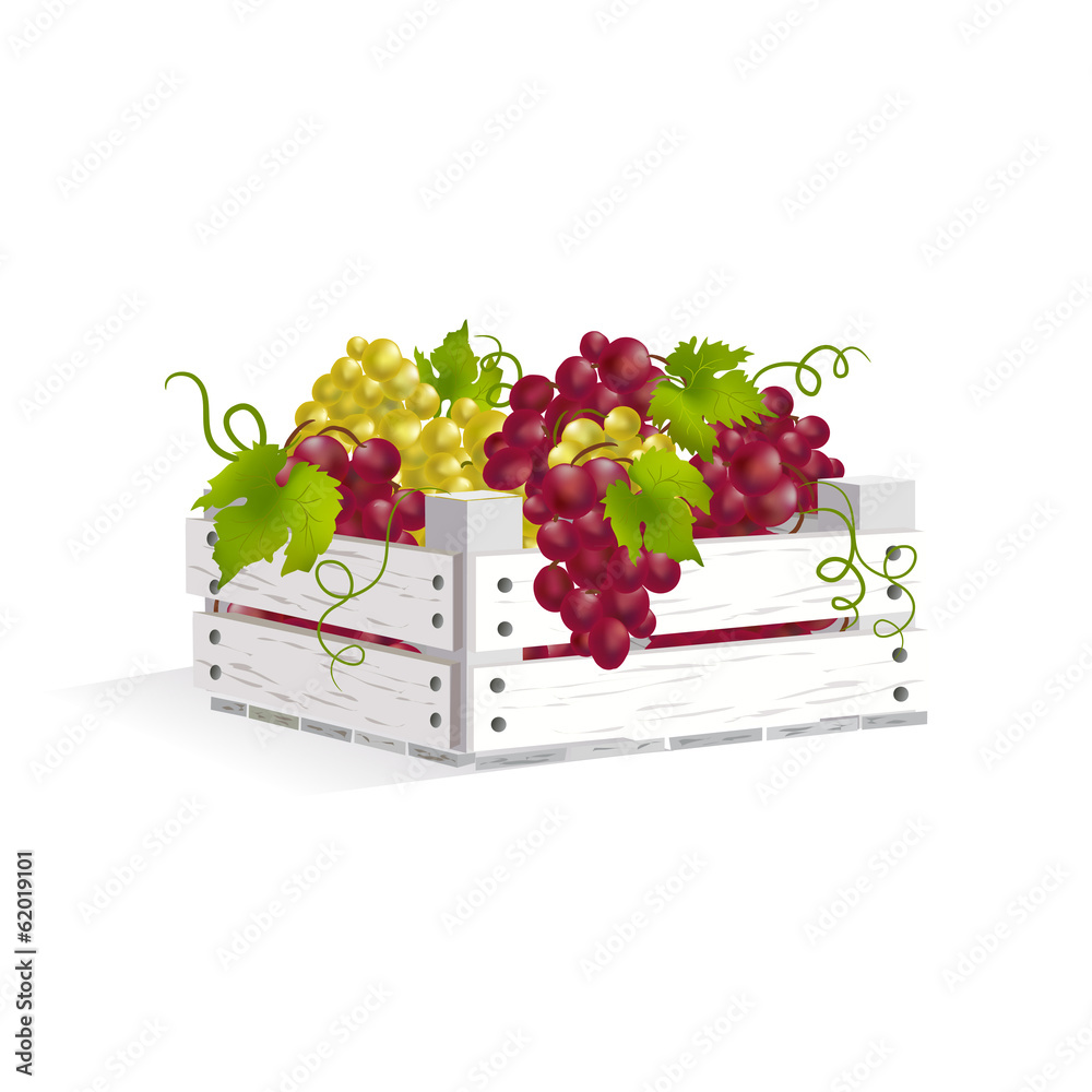 wooden box with grapes