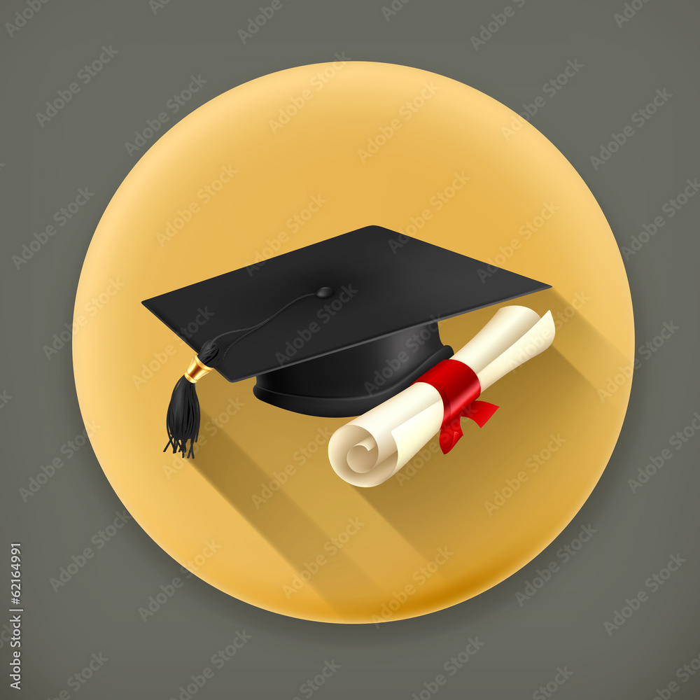 毕业帽和文凭长阴影矢量图标