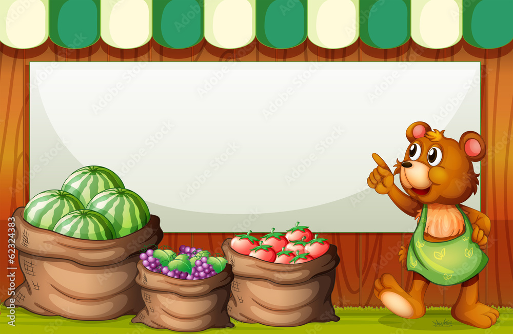 市场上的一个空模板，上面有一只熊和一袋水果