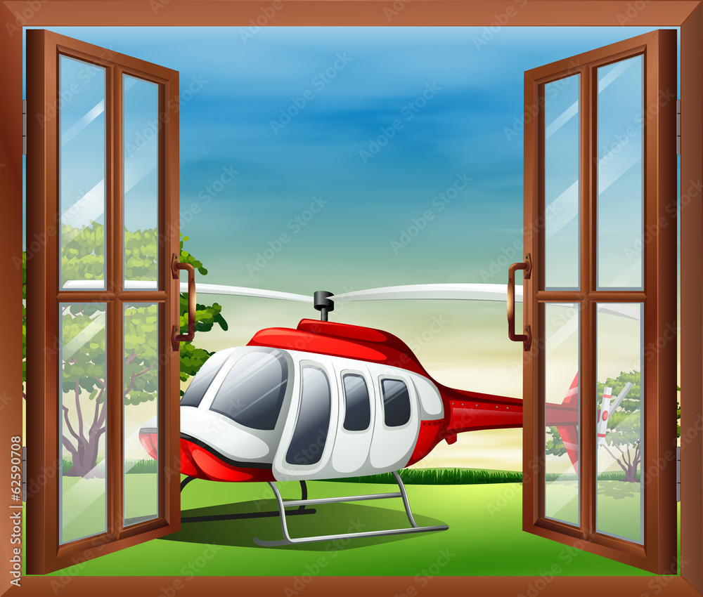一扇打开的窗户，可以看到直升机