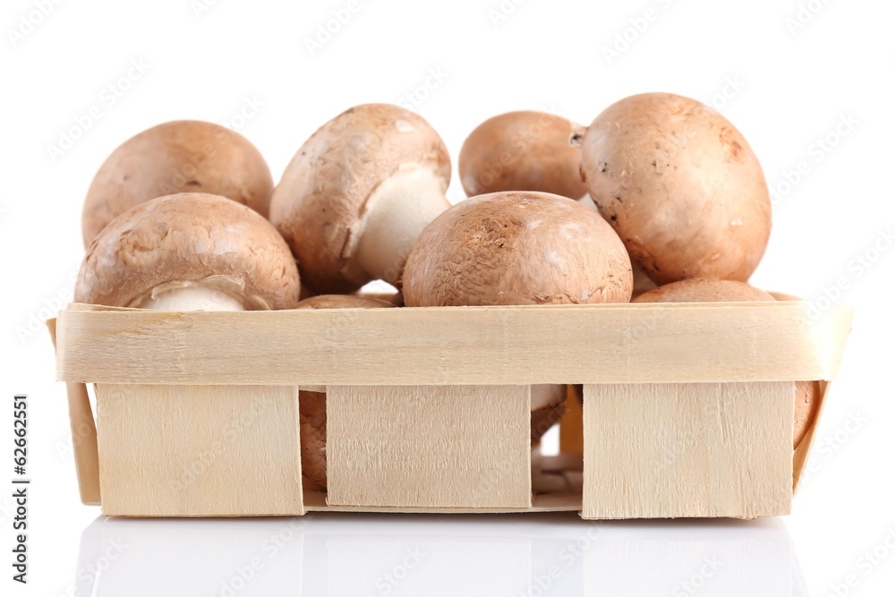 篮子里的新鲜蘑菇，白色隔离