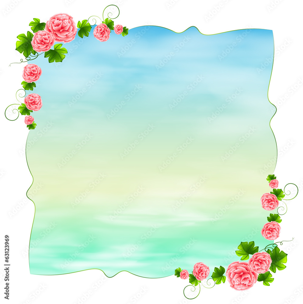 一个空的蓝色模板，上面开着康乃馨粉色的花