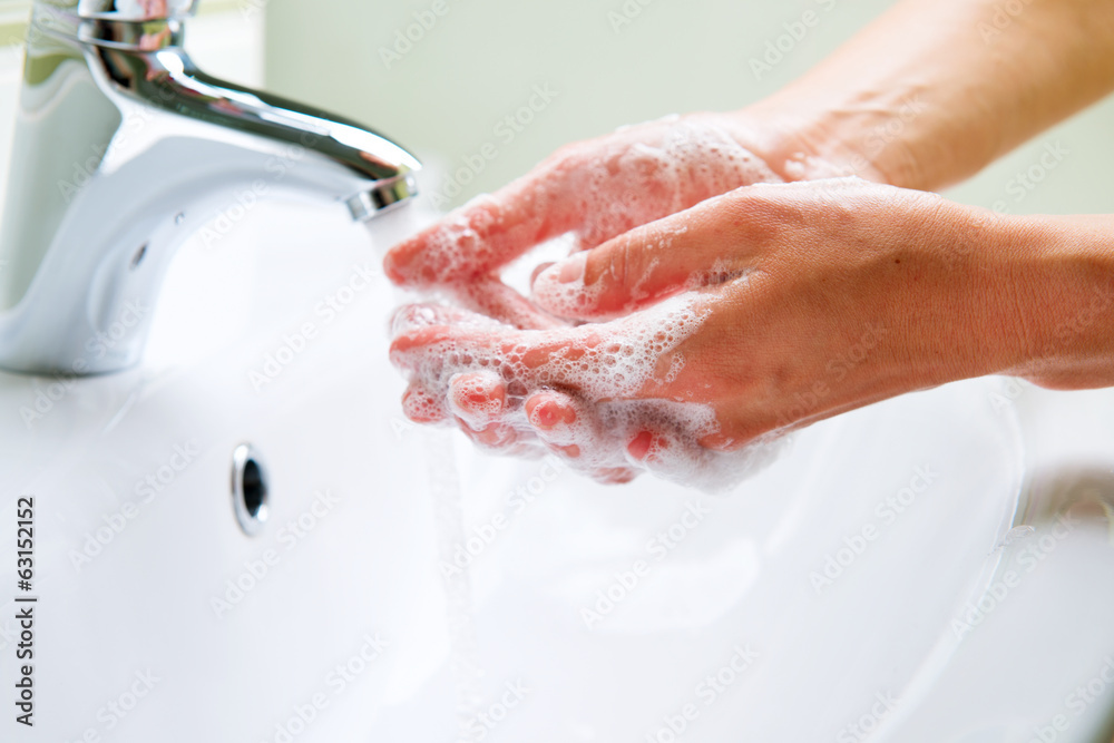 Washing Hands with Soap. Woman Cleaning Hands in a Bathroom