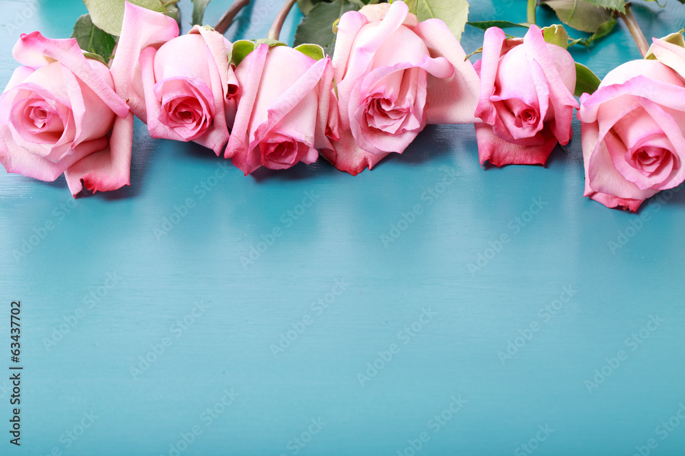 绿松石蓝色木板上的粉色玫瑰