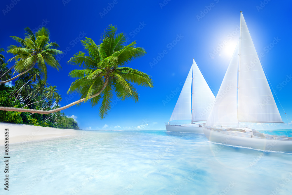 阳光照耀海滩的帆船