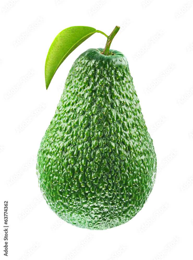 Isolated avocado. One fresh green avocado fruit with leaf isolated on white background